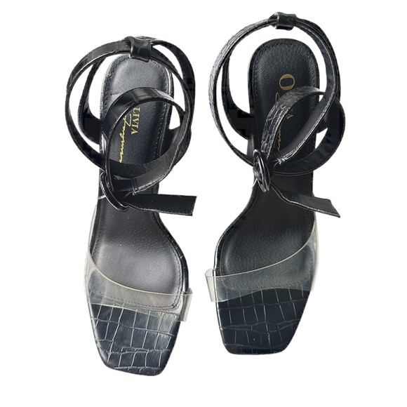 Olivia Ferguson Black Crocodile Block Heels with clear toe straps size 10 - Picture 10 of 10